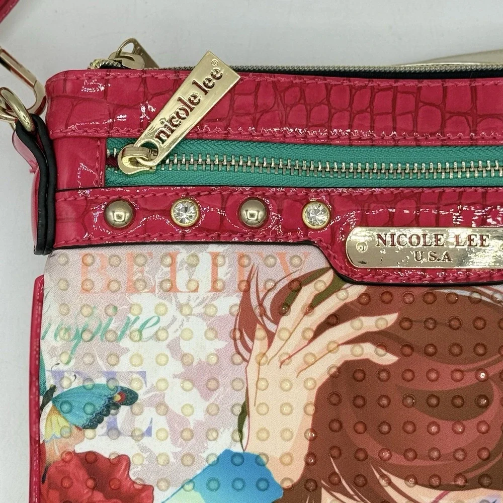 New Without Tags Nicole Lee Cross Body Winking Girl Butterfly Flower Purse White